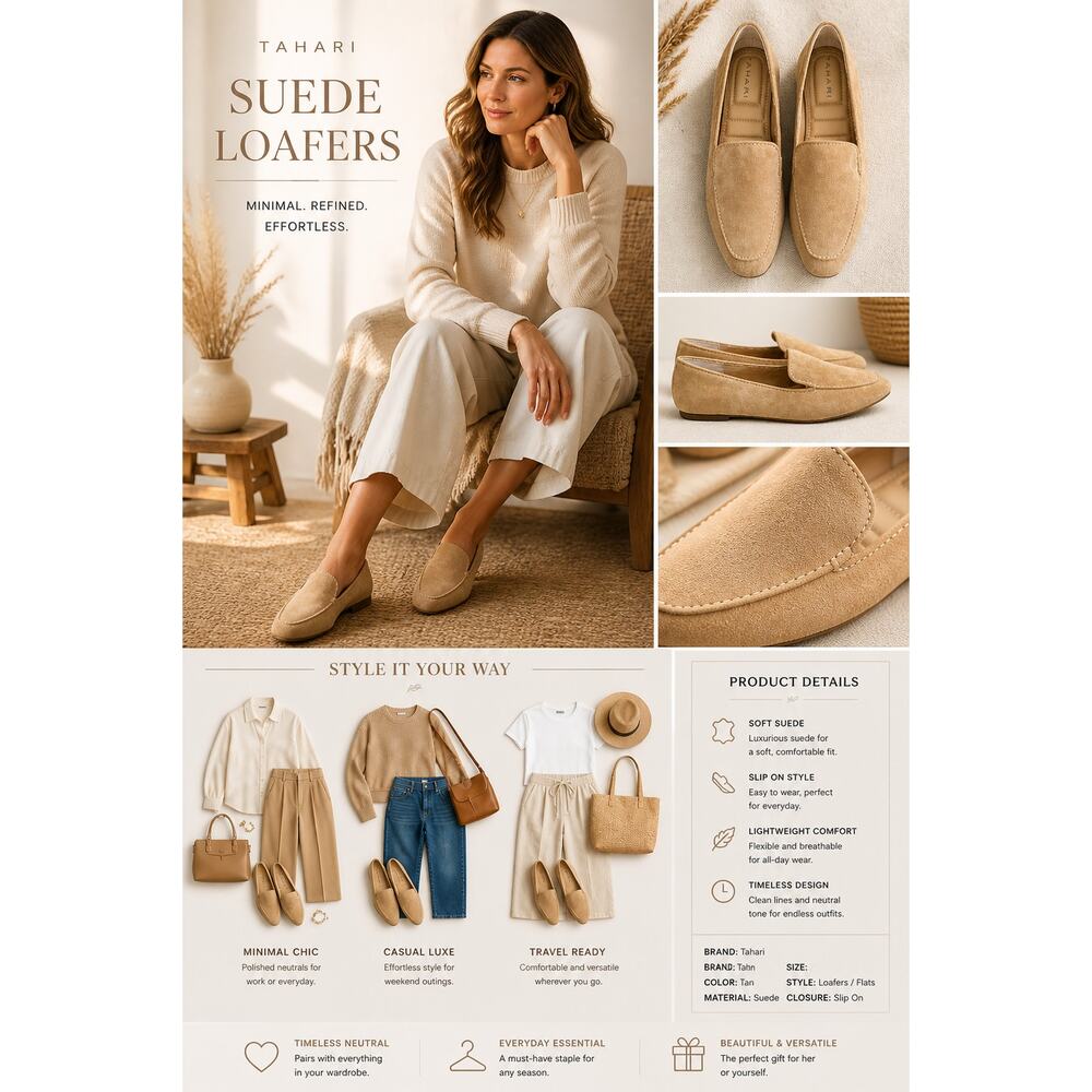 Tahari Suede Loafers Women 7.5 Tan Slip On Flats Classic Minimal